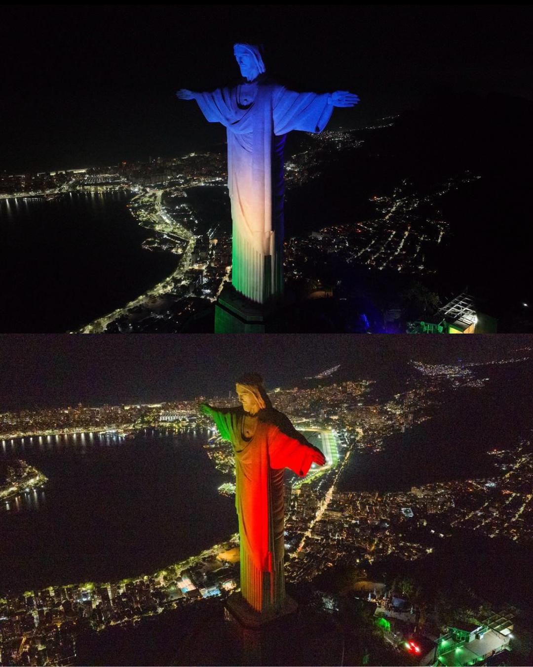 Cristo Redentor recebe iluminação especial nas cores do Brasil e da Itália pela “Partida do Coração”, no Maracanã